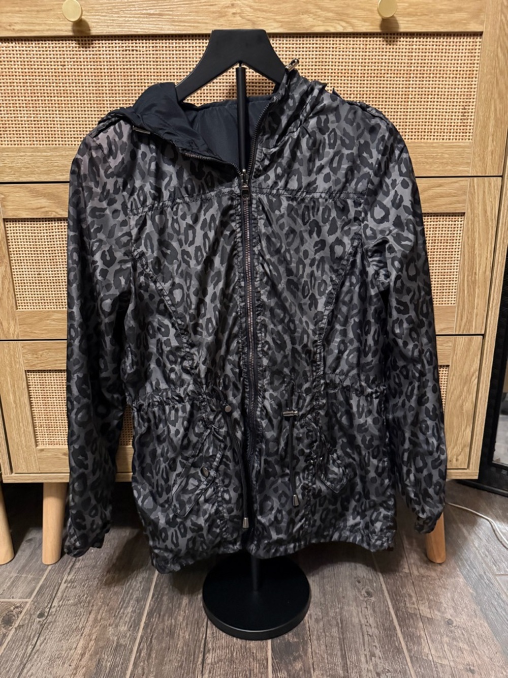 Black/Leopard Print Hooded Reversible Anorak Jacket